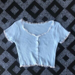Sky Blue Ribbed Lace-Trim Button Crop Top